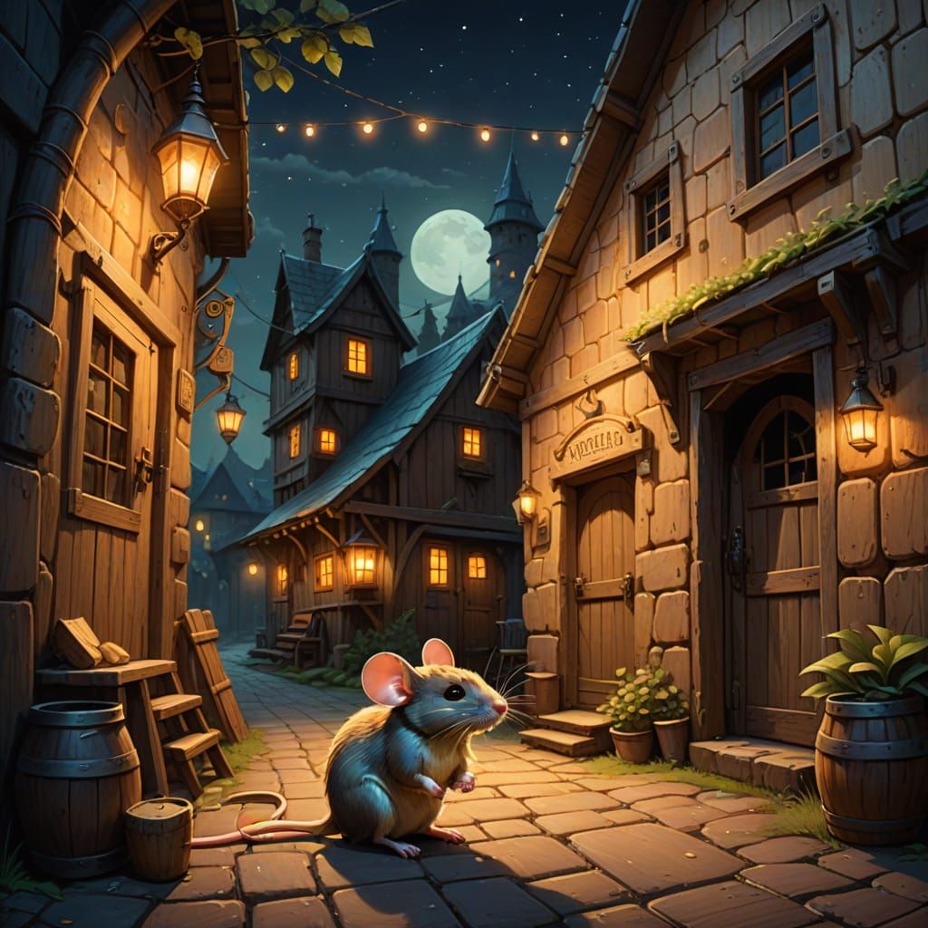 Whimsical Mouse in Tavern Alley - Fantasy Art