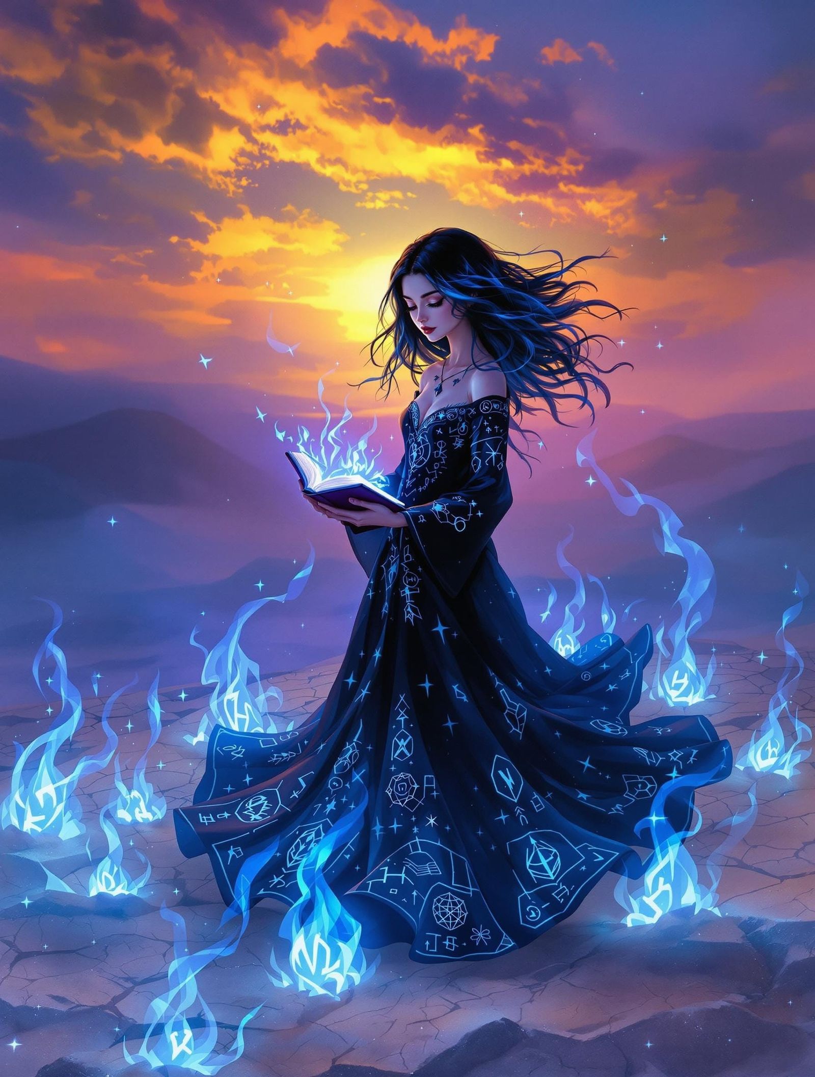 Mystical Desert Witch in Blue Flame Aura