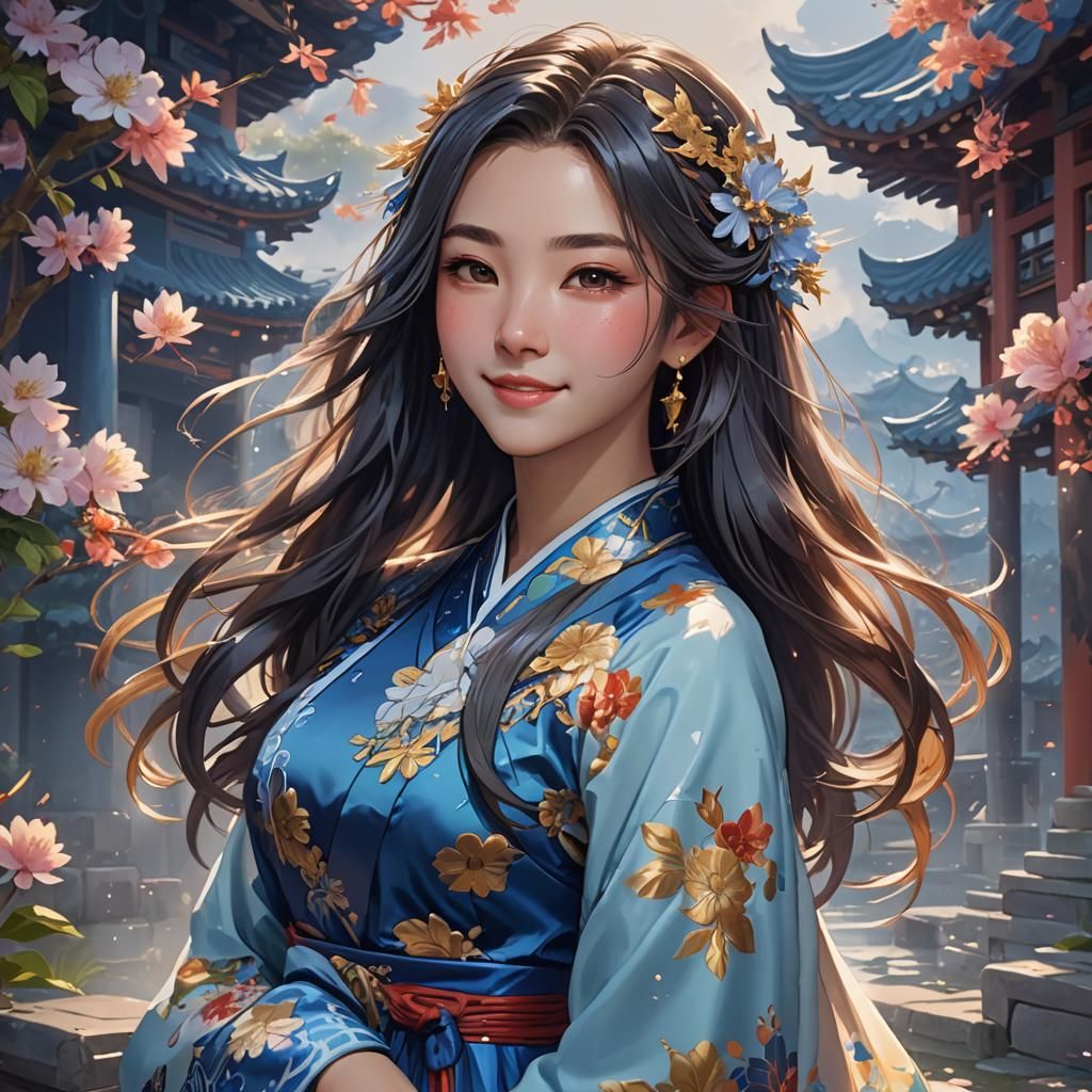 Hyperrealistic Portrait of Woman in Blue Dress