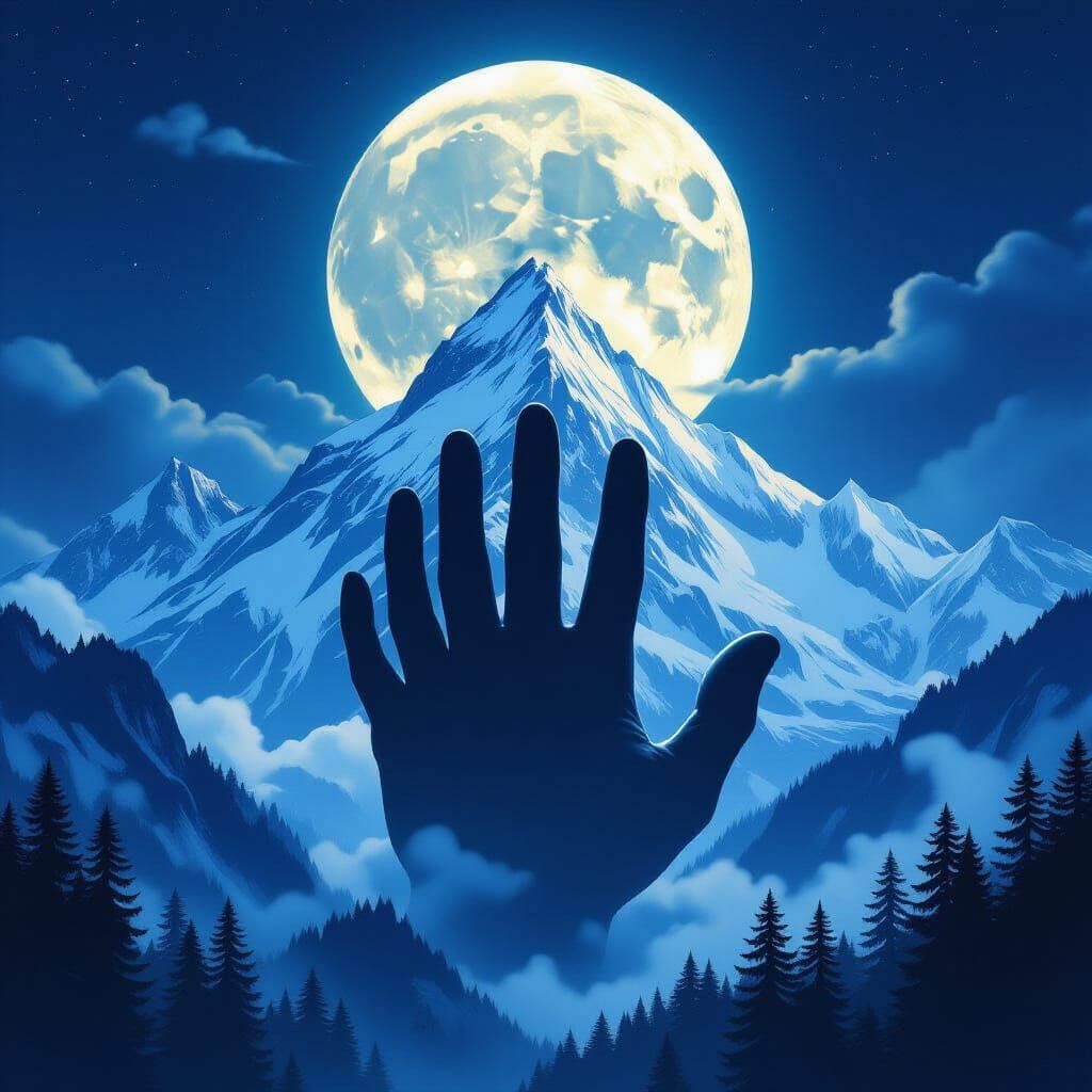 Colossal Hand Emerges from Mountain Landscape