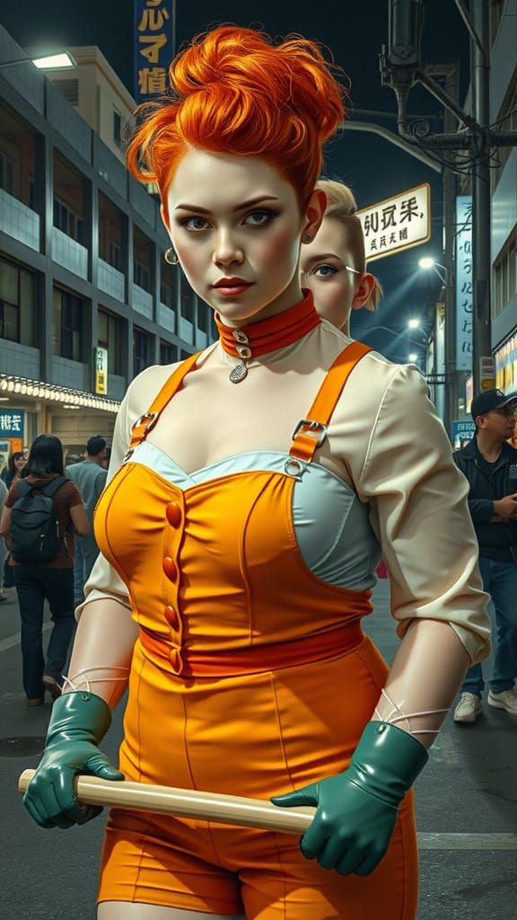 Japanese Women on Neon Street in Cyberpunk Style