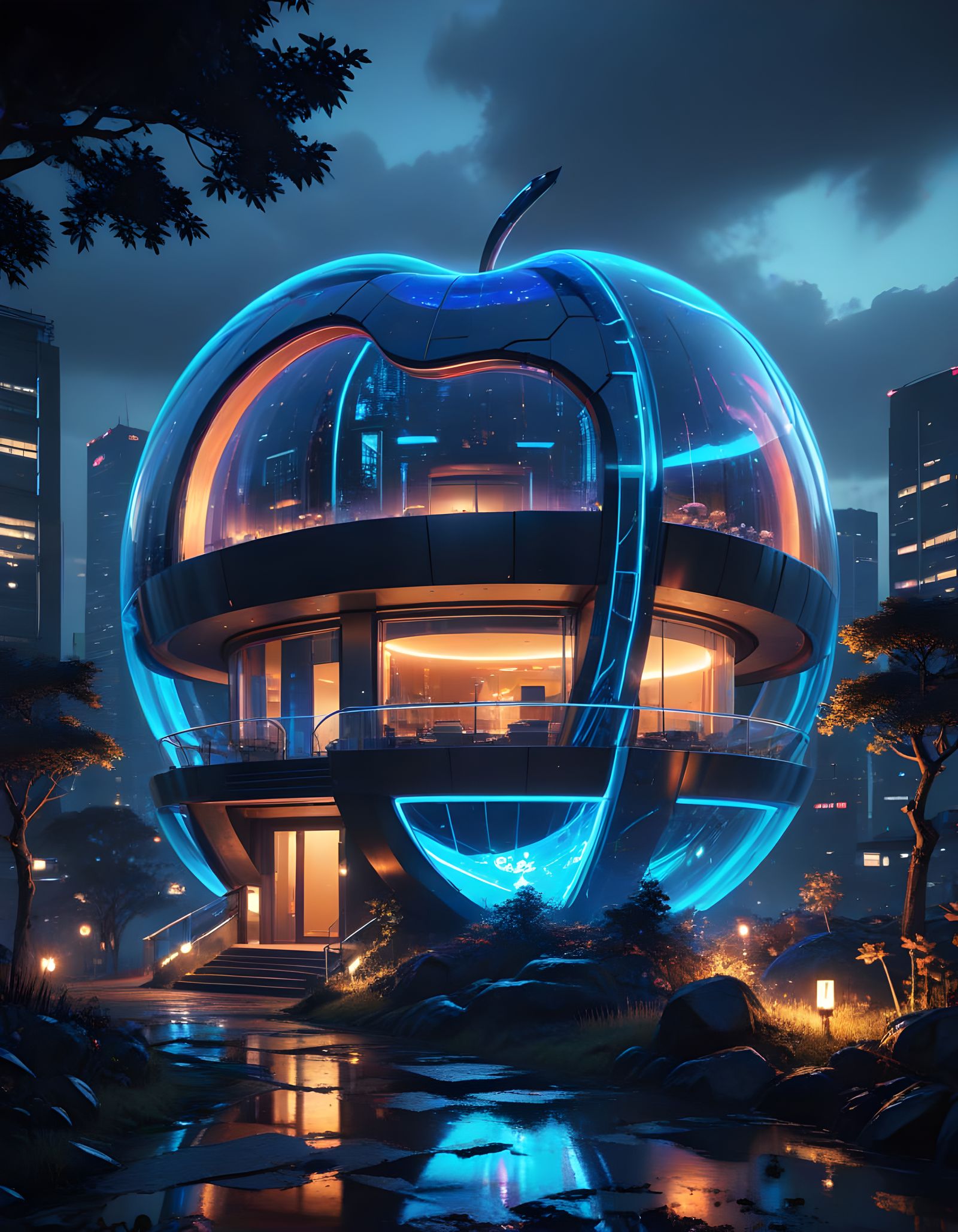 Surreal Apple Abode in Cyberpunk Aesthetic