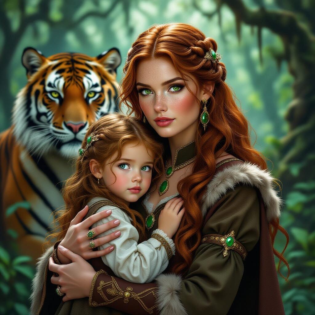 Magical Forest Scene with Woman, Child and Tiger
