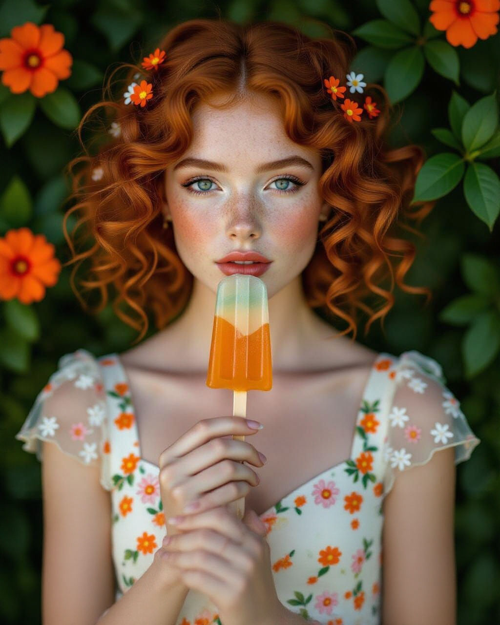 Floral Woman with Popsicle: Cinematic Film Still