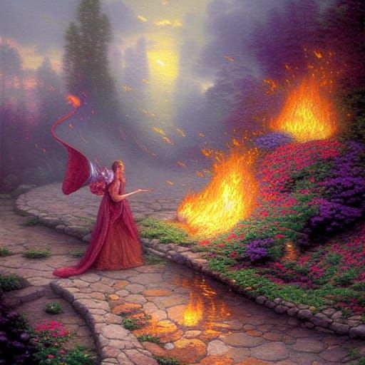 Ethereal Fire Breathing Scene in Fantasy Landscape