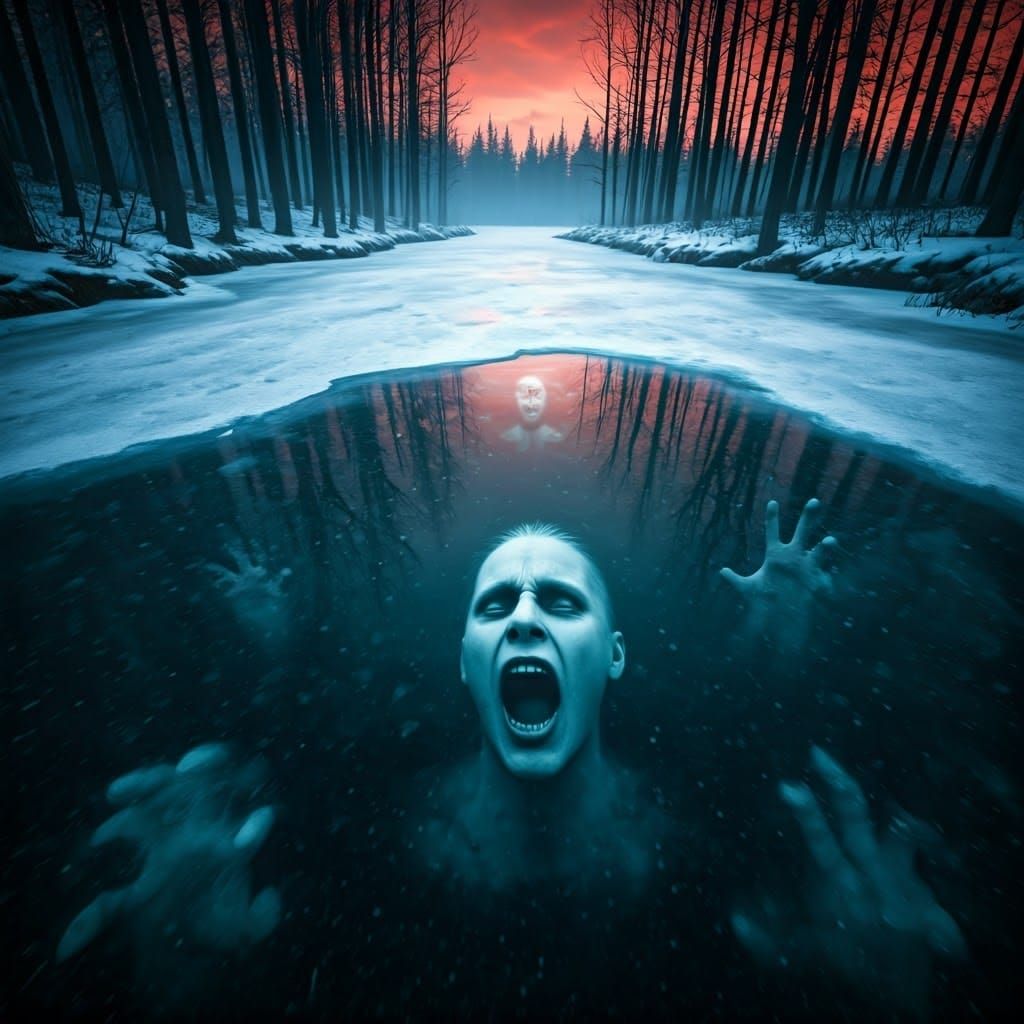 Frozen Lake Nightmare in Photorealistic Horror Style