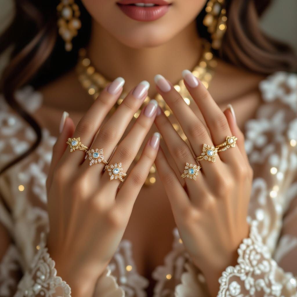 Ornate Rings on Woman's Hands in Ornamental Style