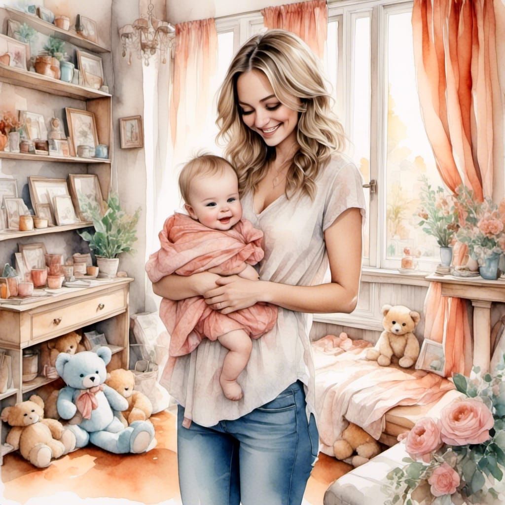 Mother and Child in Watercolor Style