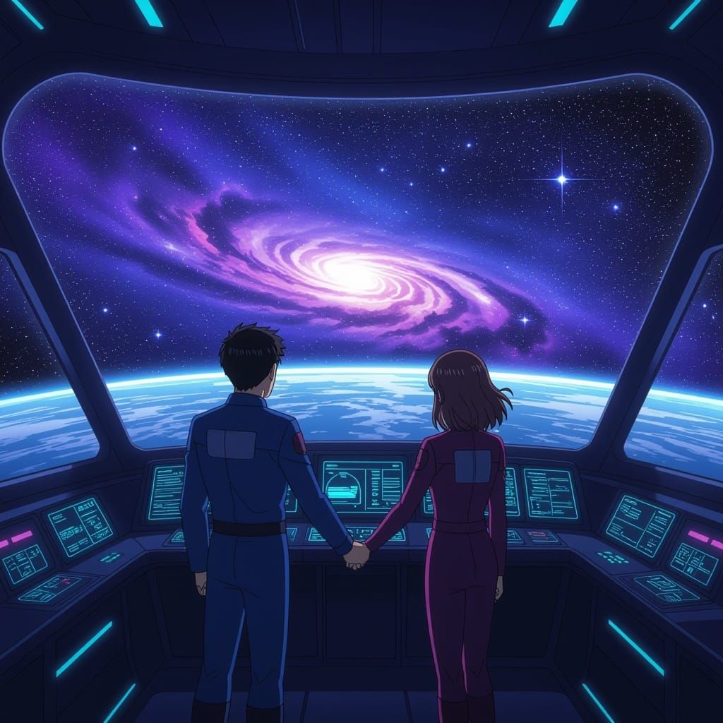 Love Amidst Cosmic Wonder in Vibrant Anime Style