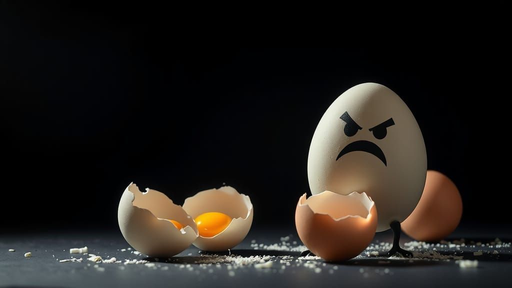 Angry Egg Confronts Broken Eggs in Dramatic Lighting