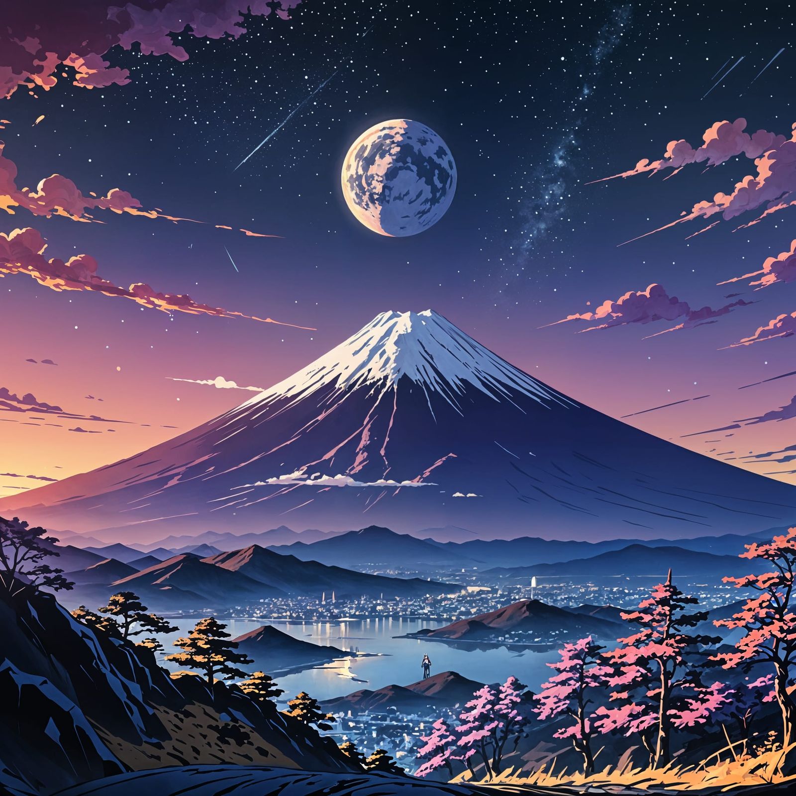 Dramatic Mount Fuji on the Moon: Anime Style