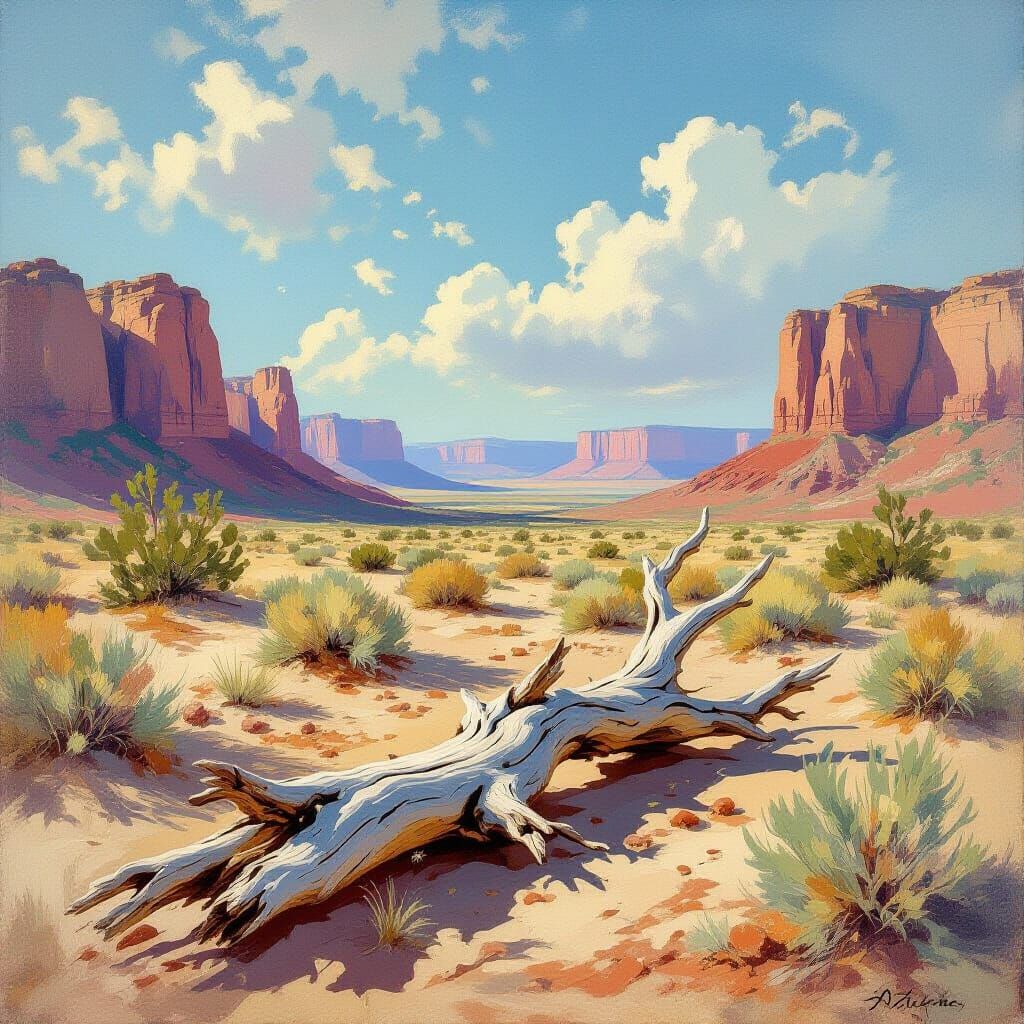 Desert Landscape on Driftwood in Blue and Green Hues