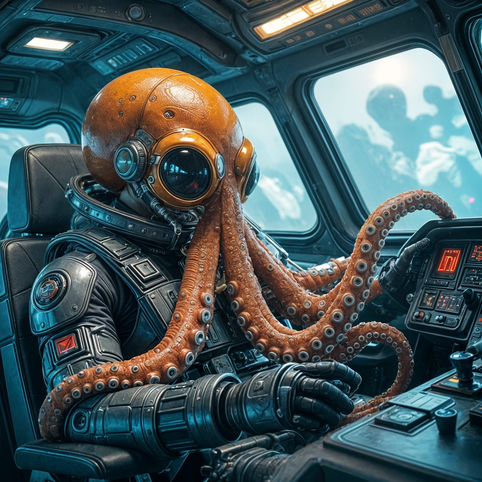 Alien Octopus Pilot in Retrofuturistic Spaceship