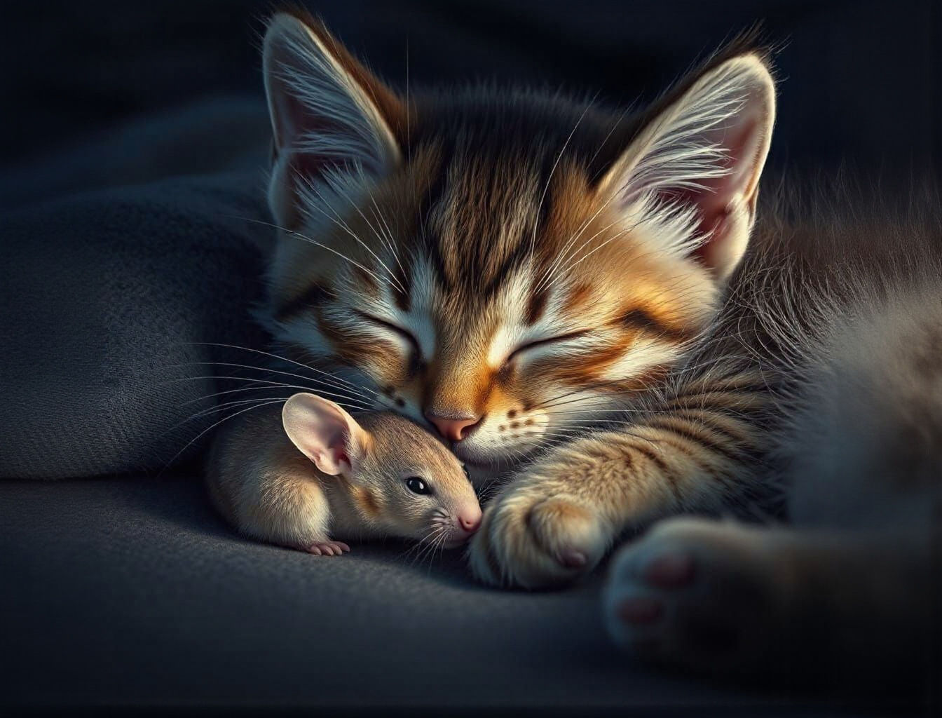 Kitten and Mouse Sleeping Peacefully in Sparse Night Light