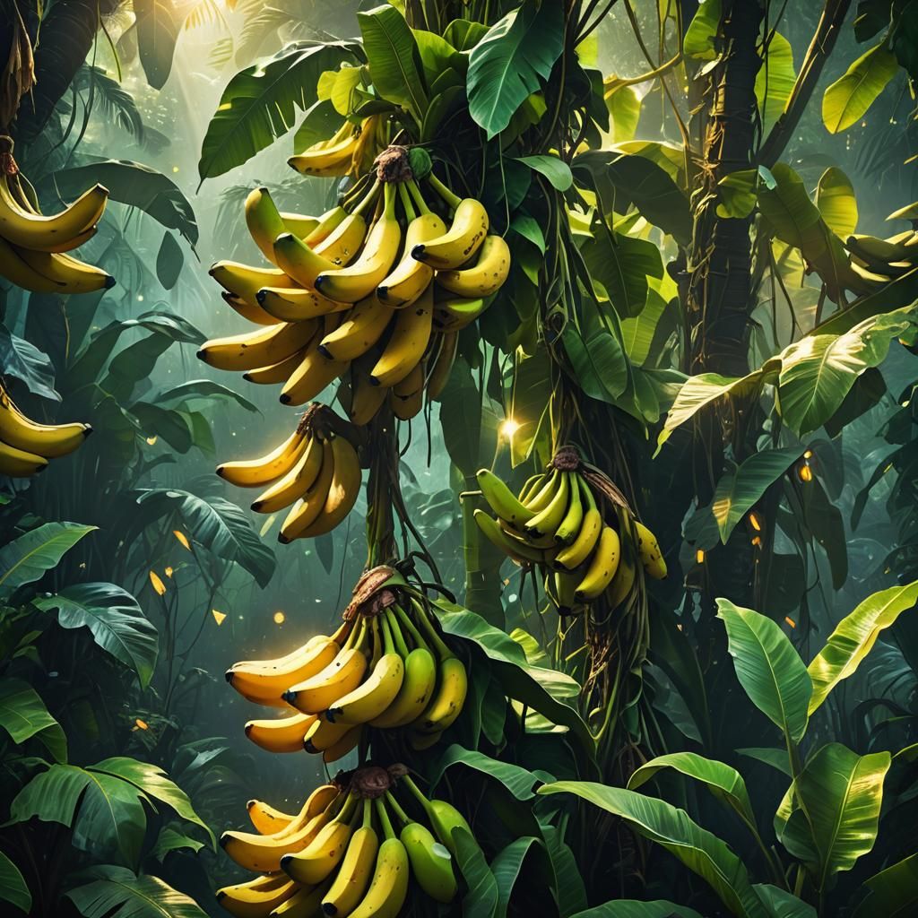 Glowing Bananas in Mystical Jungle: Digital Art