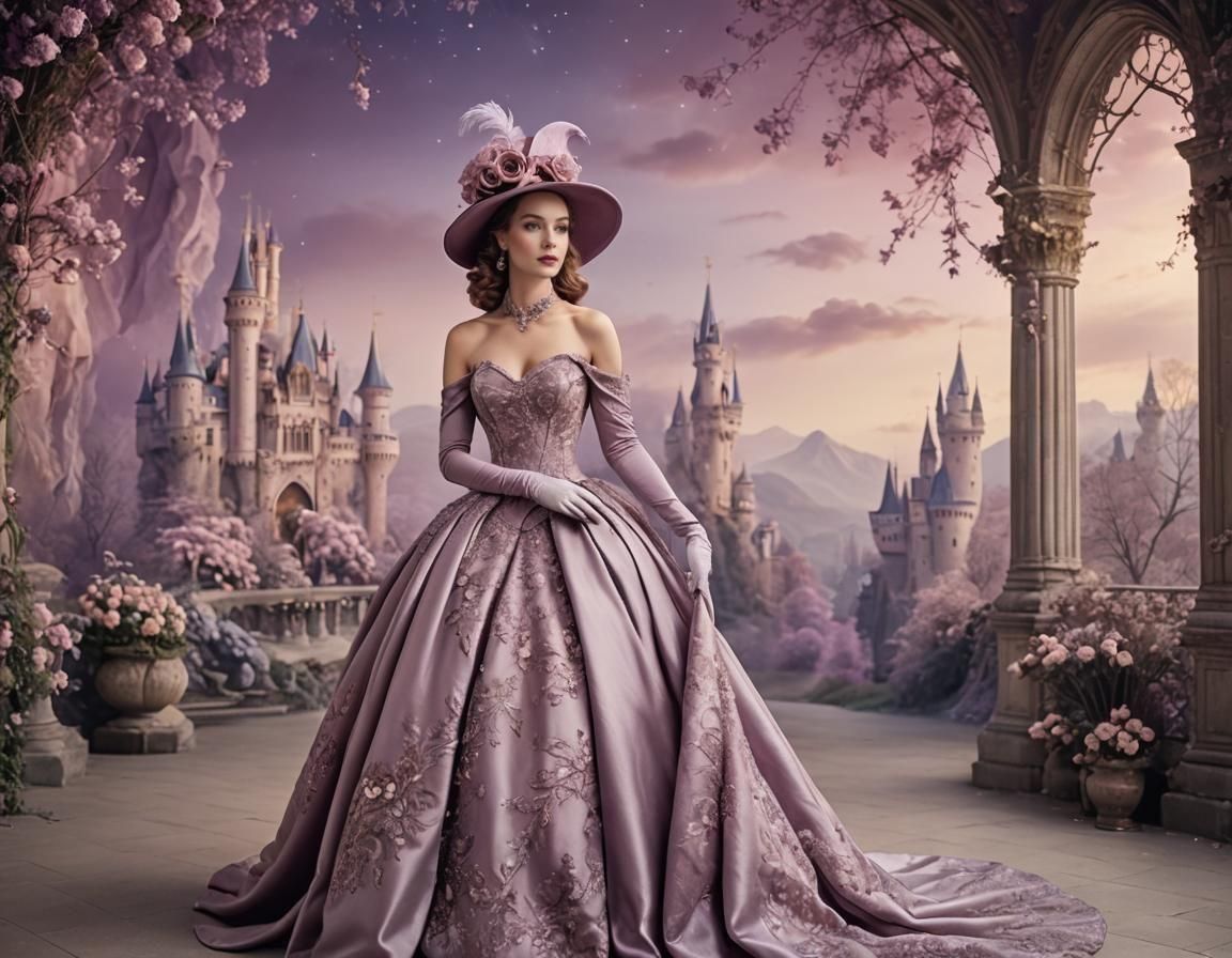 Charming Woman in Mauve Hat Against Fairytale Backdrop