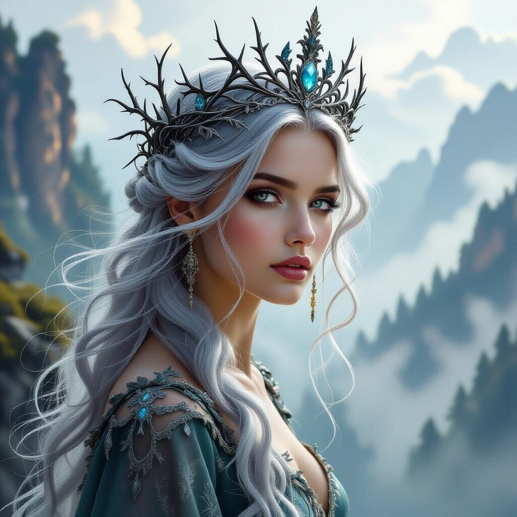 Ethereal Queen Overlooks Cosmic Forest in Art Nouveau Style