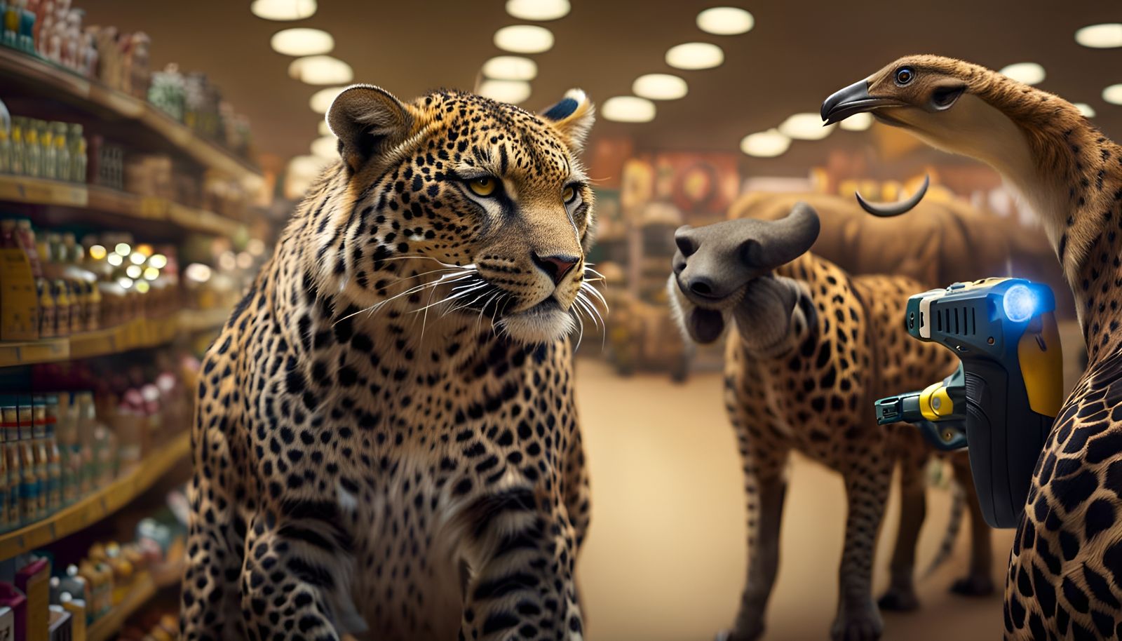 Zoo animals shopping for tasers in a supermarket full of African animals, surreal masterpiece, royo, WLOP. intricate met...