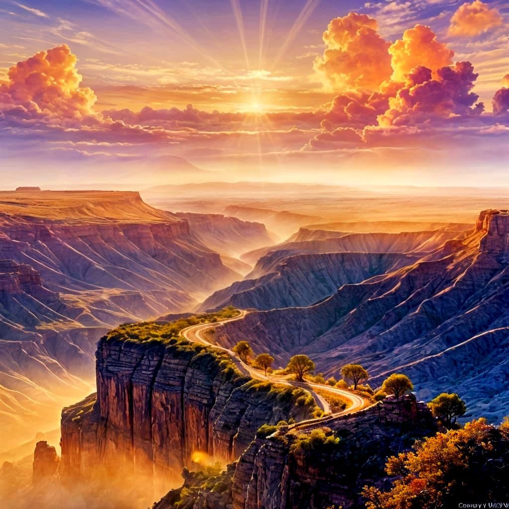 Canyon Sunrise with Mist and Wildflowers