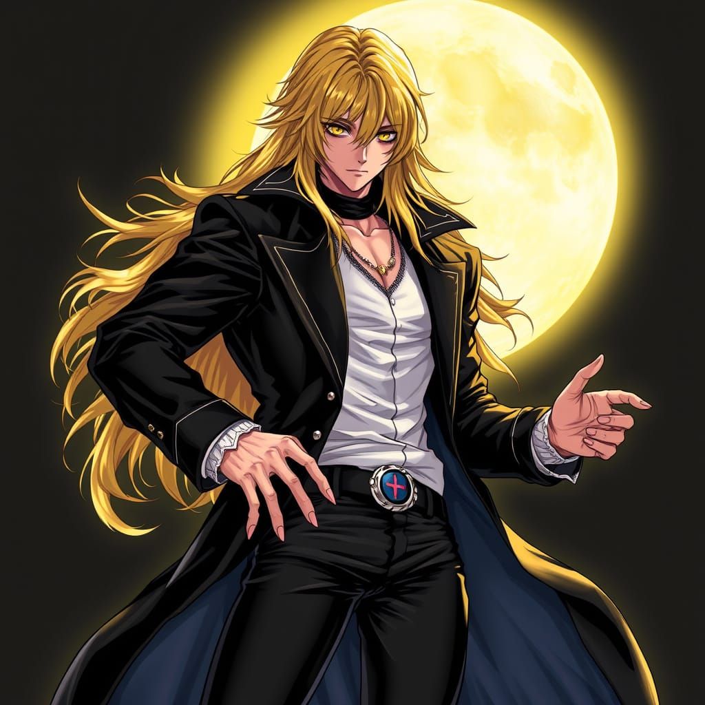 Vampire Lord Alucard in Yellow Locks and Yellow Eyes, Castle...
