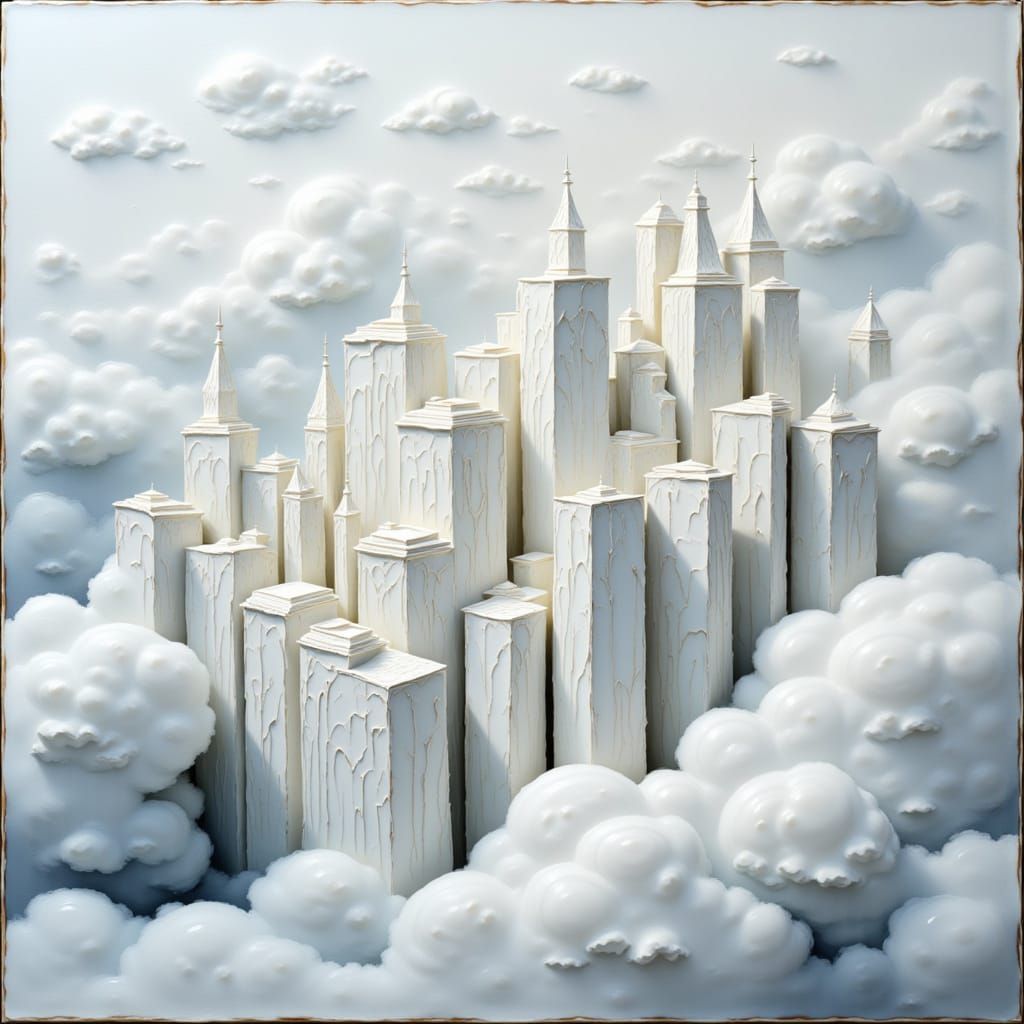 Ethereal Cloud City Rendered in Encaustic Style