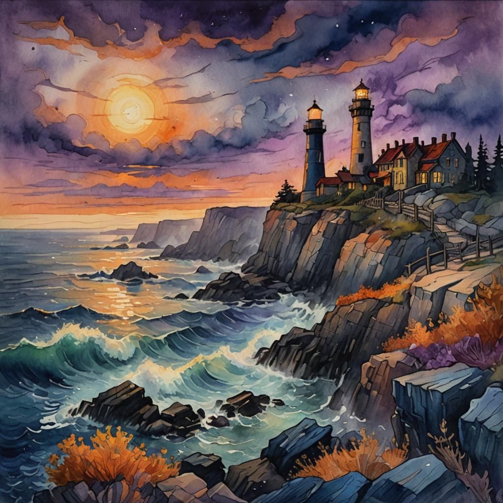 Glowing Haunted Lighthouse Landscape in Van Gogh Style