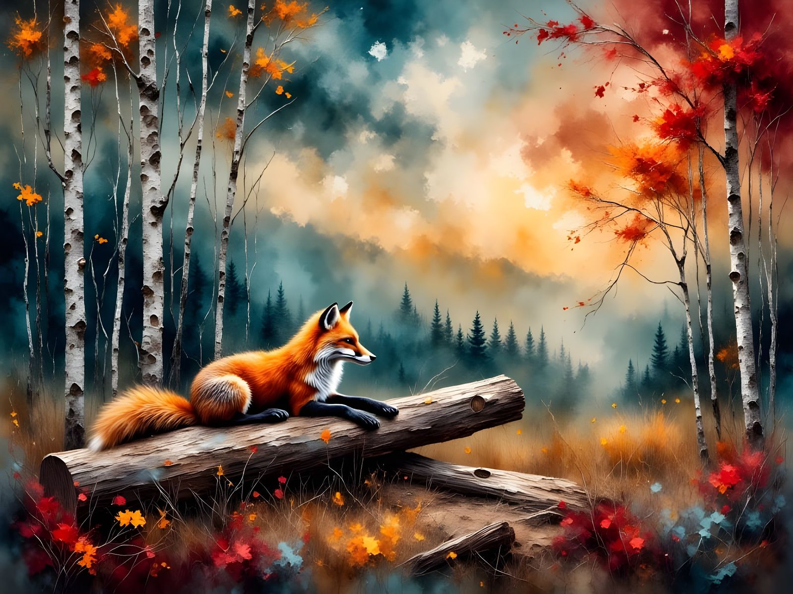 Vibrant Autumn Forest Scene with Red Fox and White Birch Tre...
