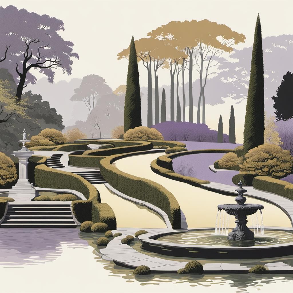 Palladian Garden Path with Water Features