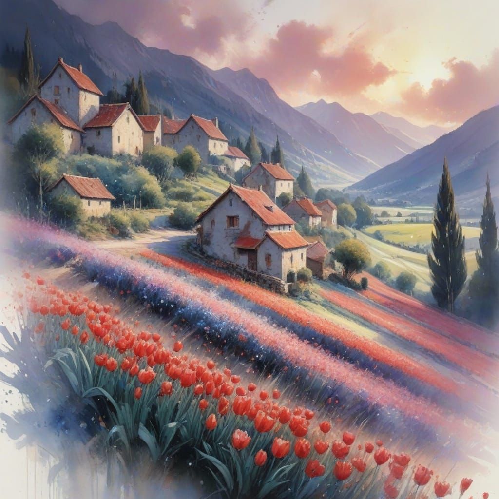Red Tulip Valley in Neo-Impressionist Style