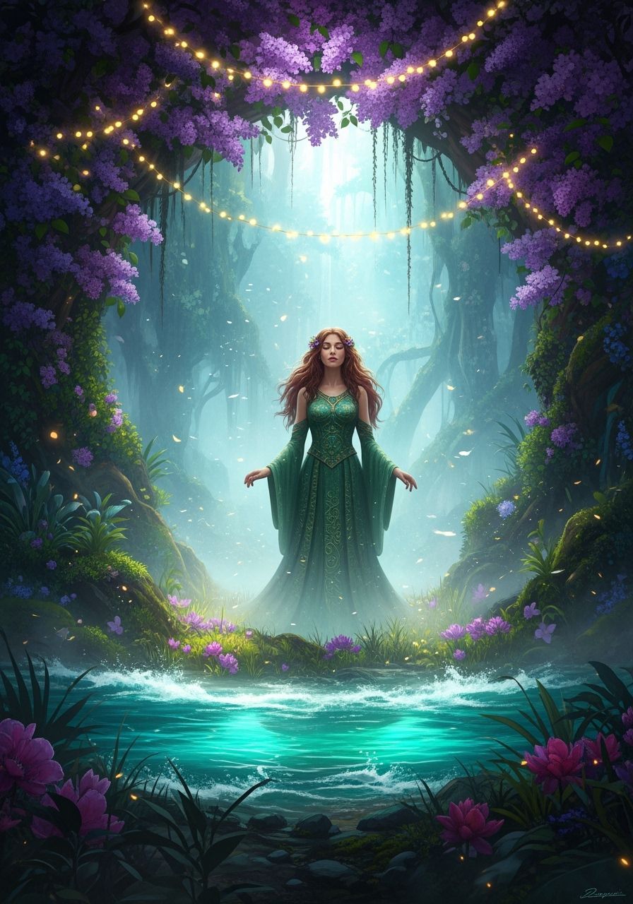 Serene Oasis: Fantasy Art with Fairy Lights