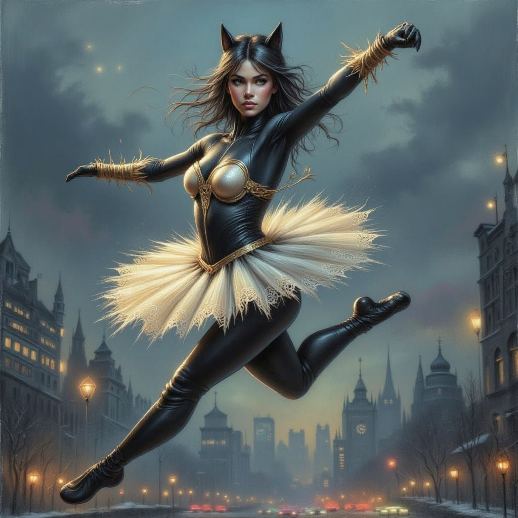 Catwoman in Ballet Pose: Digital Painting Style