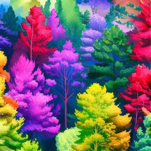 Rainbow Trees in Gouache Style Impressionist Painting