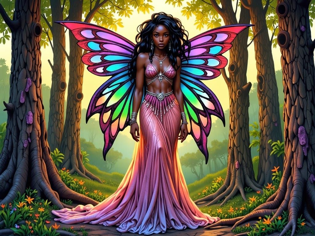 Majestic African Fairy Nymph Amidst Vibrant Crystal Forest