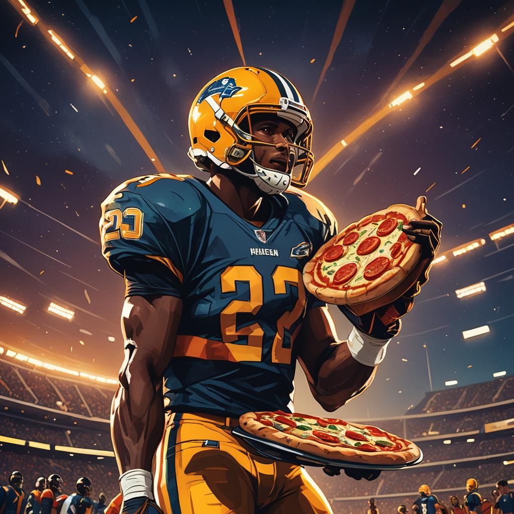 Football Player with Pizza, Comic Book Illustration
