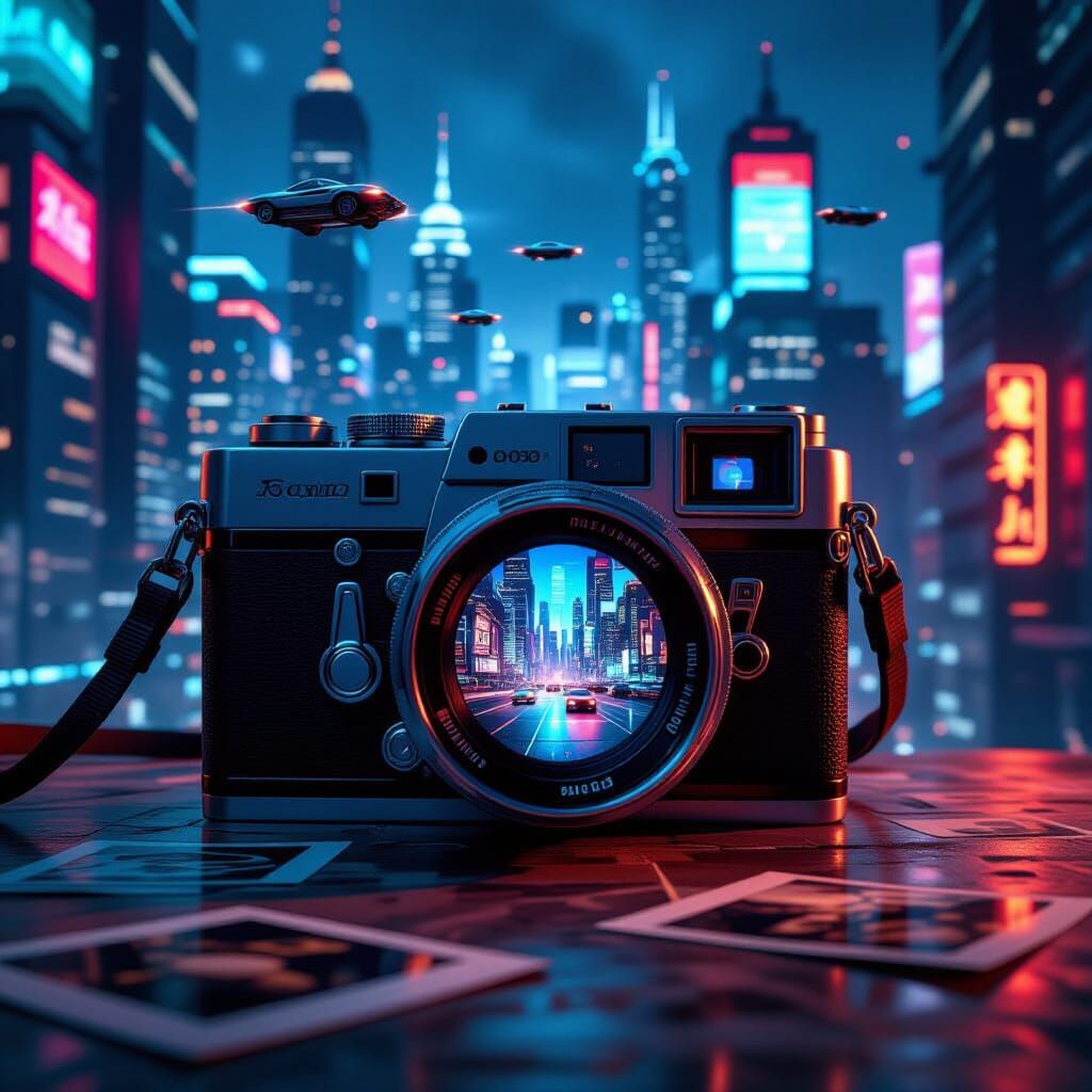Futuristic Cityscape Through a Vintage Camera Lens