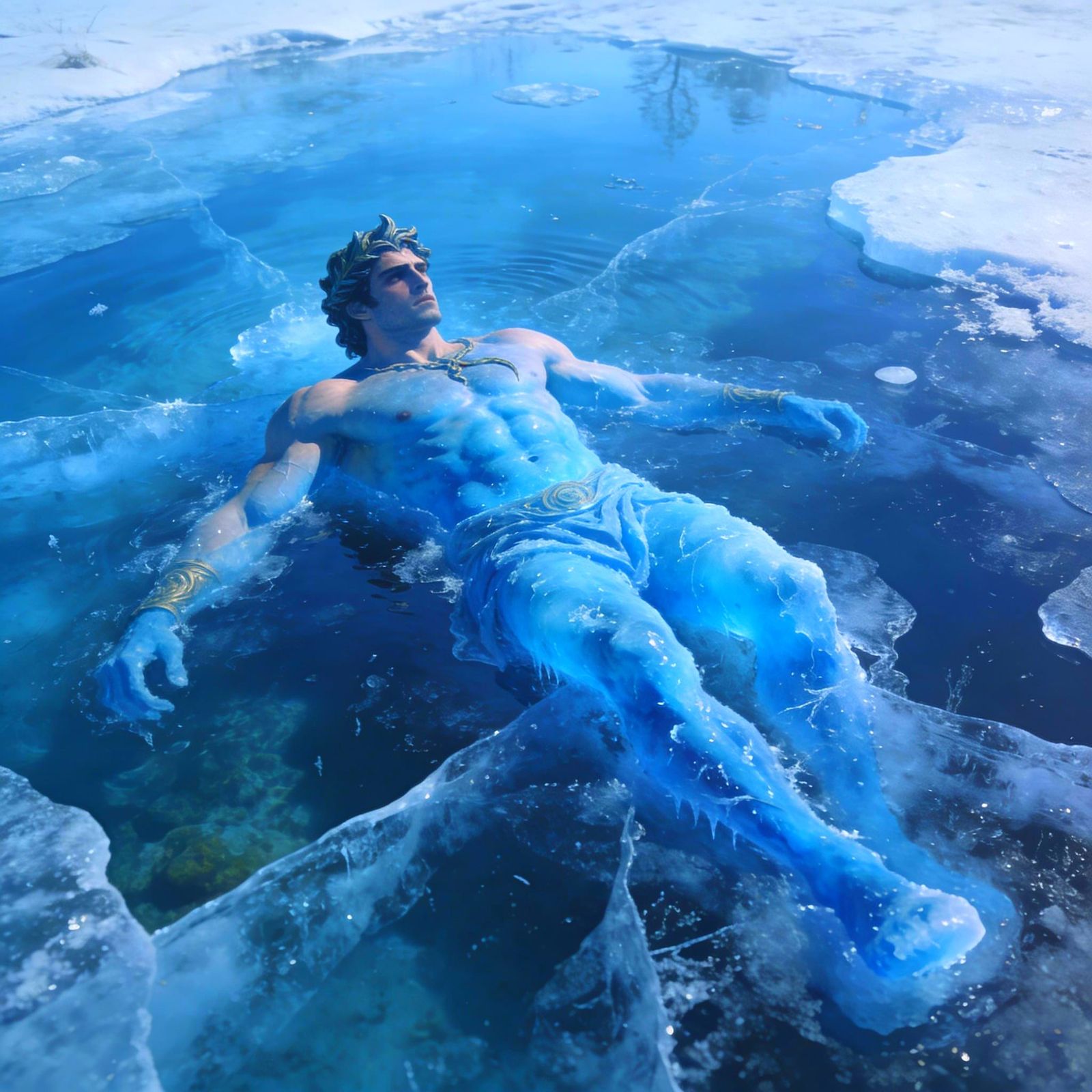 Greek Hero Theseus Trapped in Ice, Surreal Blue Landscape