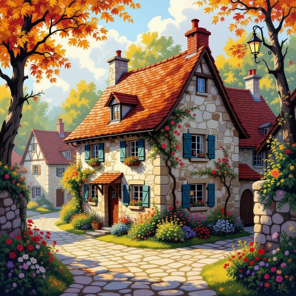 Folk Art Cottage in Golden Light, Acrylic Gouache Style