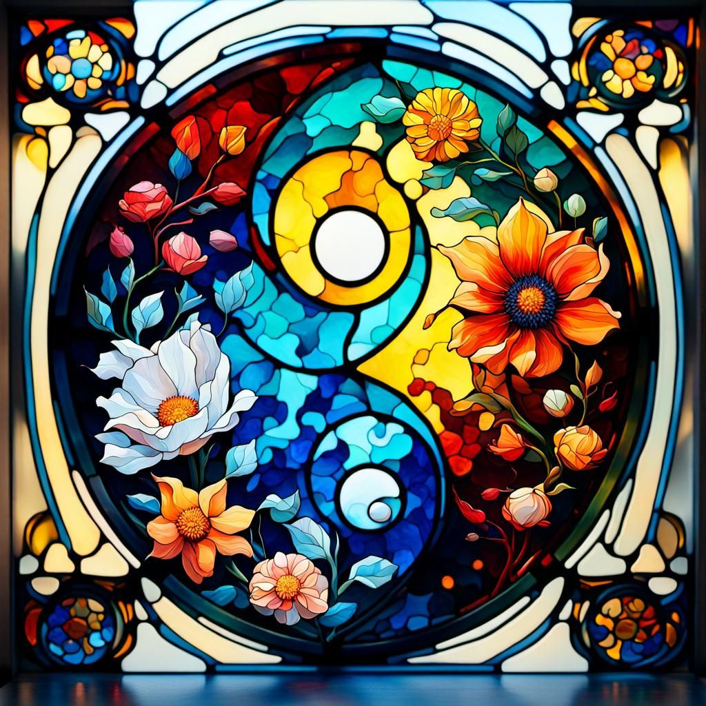 Floral Stained Glass Yin Yang: Hyperdetailed Gouache Art