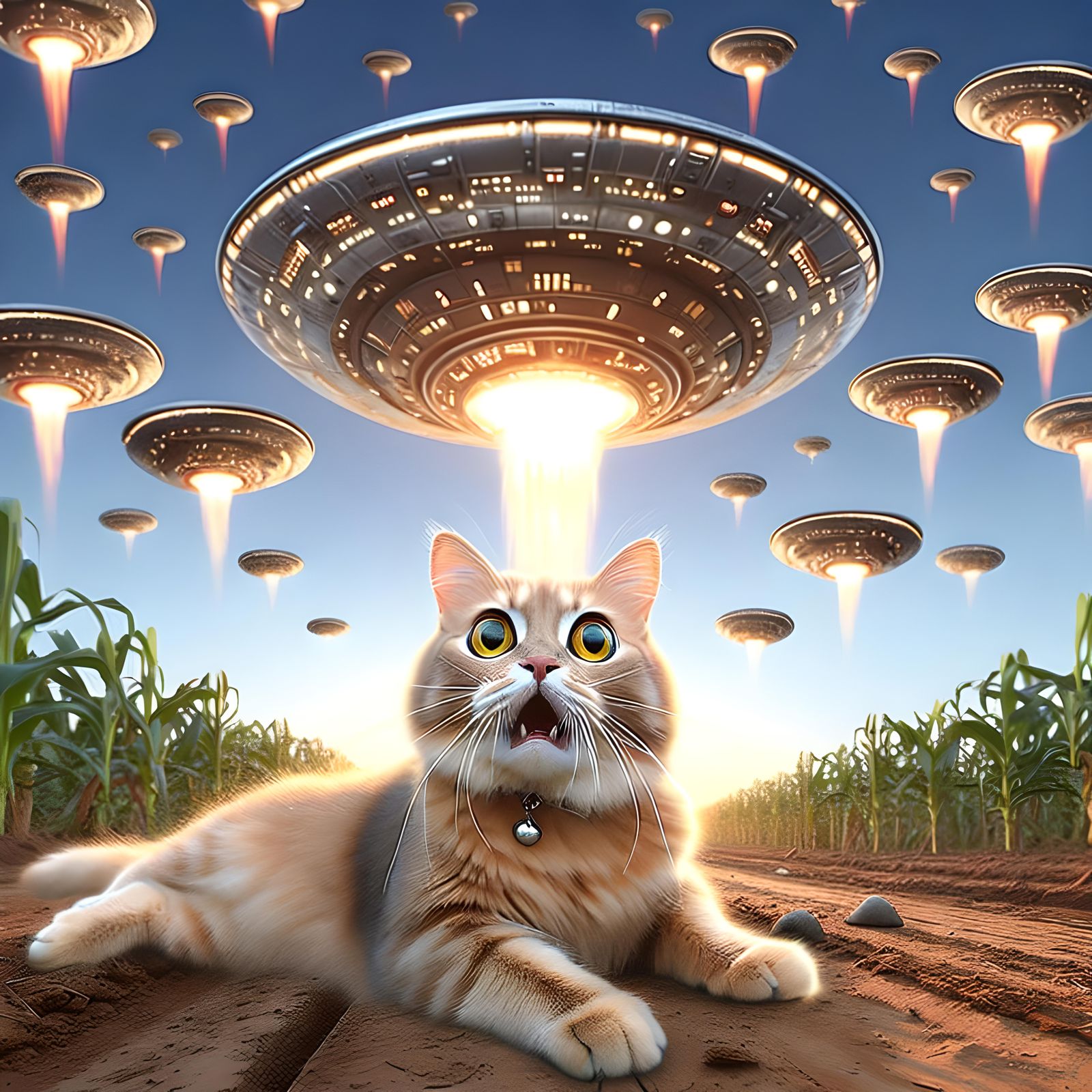 Cat Photobombs UFO Invasion in Hyperrealistic HDR