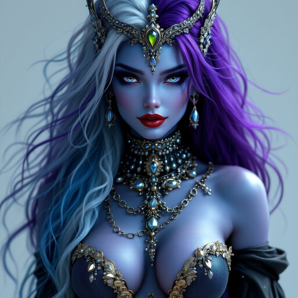 Regal Blue-Skinned Fantasy Princess with Vibrant Hair and Or...