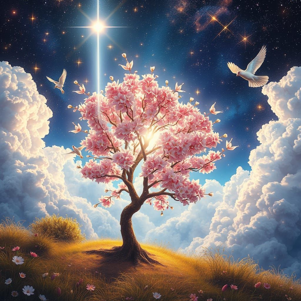 Celestial Almond Tree Blooms in Radiant Light, Birds Herald ...
