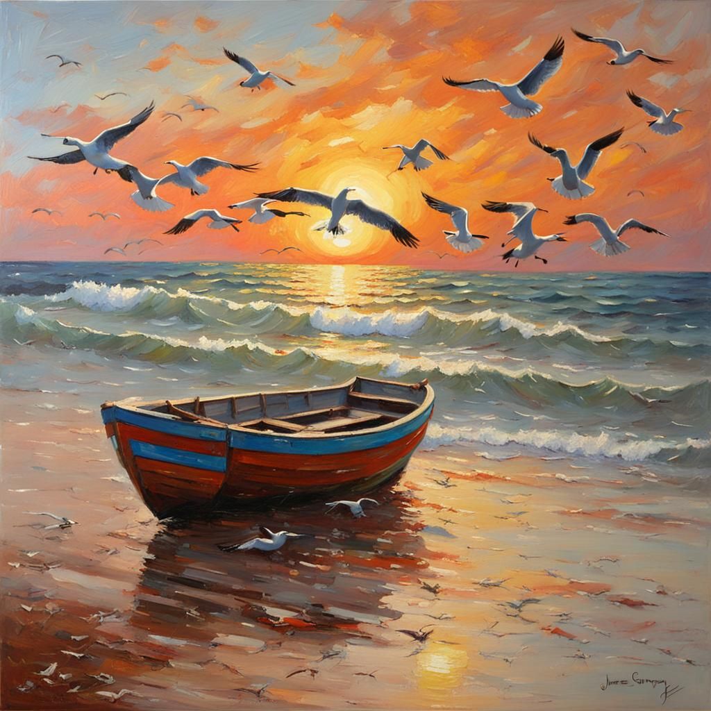 Beach Sunset Oil Painting with Boat and Seagulls