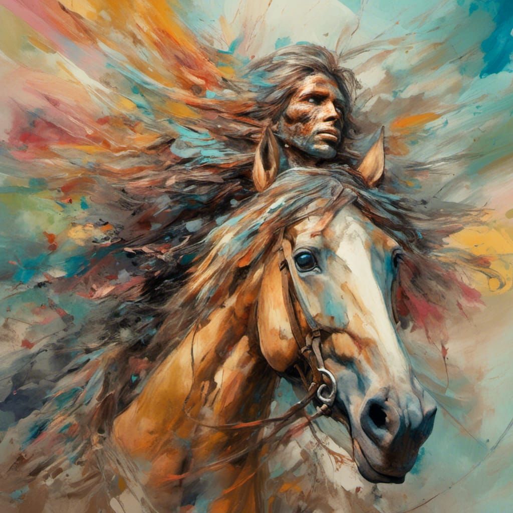 Native American Man on Horse in Gouache Style