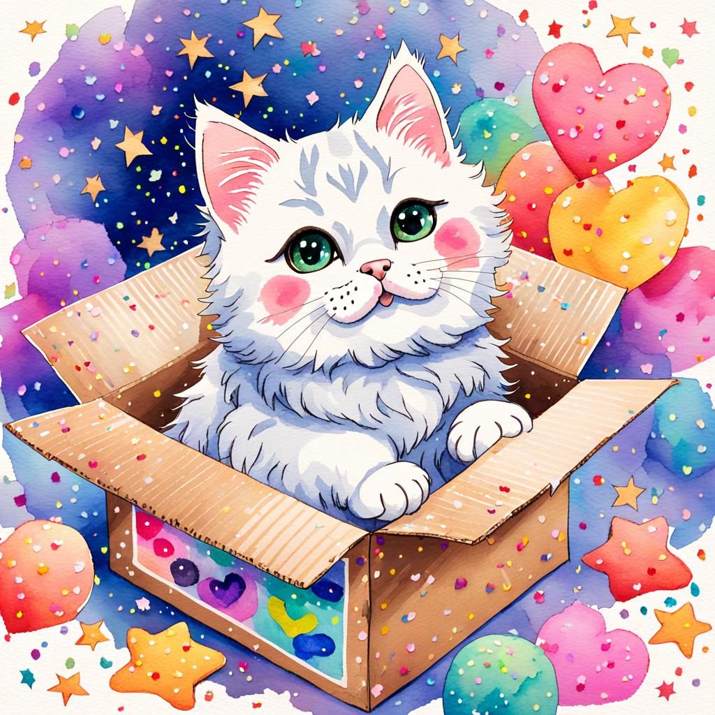 Watercolor Cat in a Box Illustration