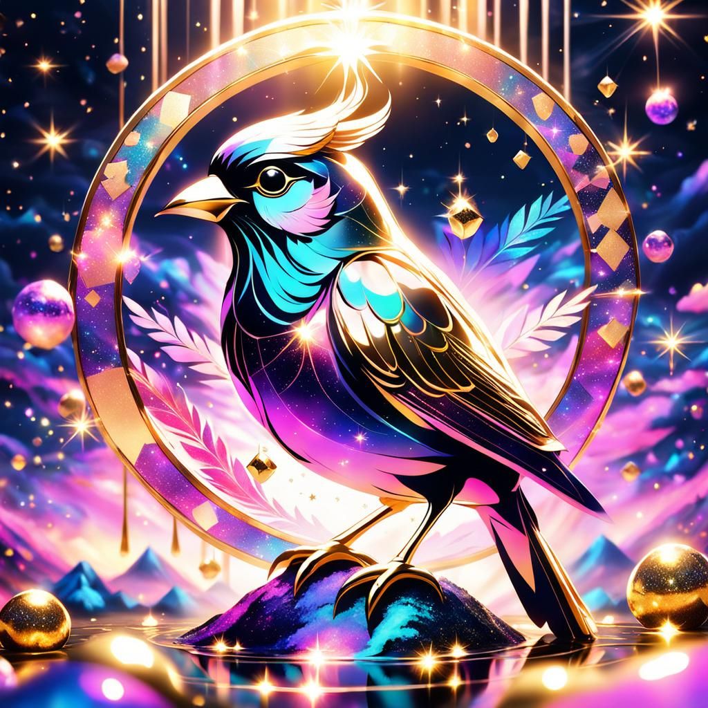 Iridescent Bird in Cosmic Dreamscape at Midnight