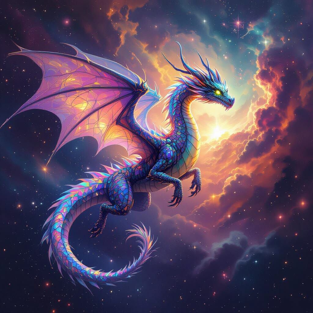 Crystal Dragon Soaring Through Nebula in Psychedelic Style