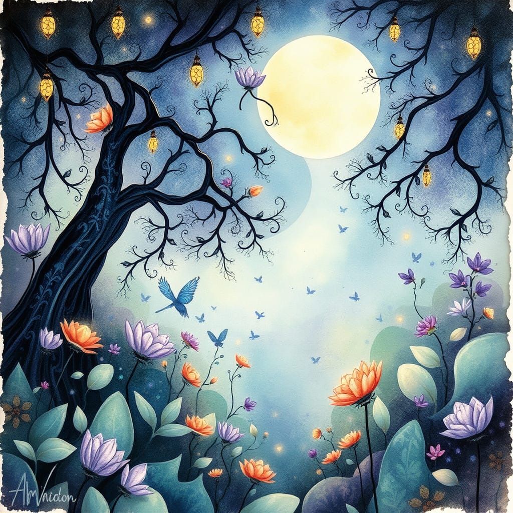 Whimsical Moonlit Garden Scene in Dreamlike Style