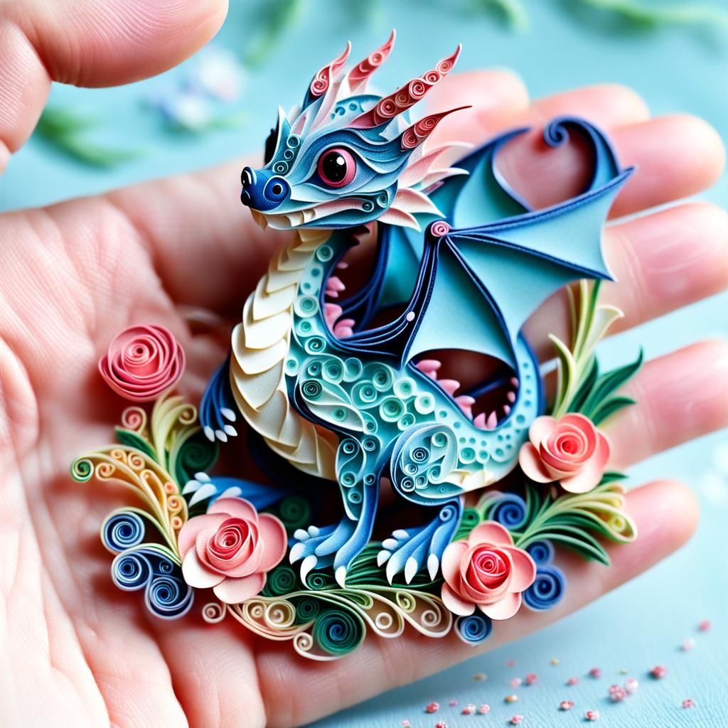 Tiny Dragon in Hand, Quilling Style