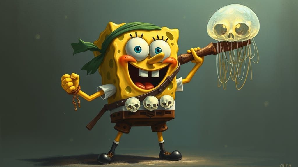 Spongebob Squarepants as a Whimsical Warrior in a Muted, Ear...