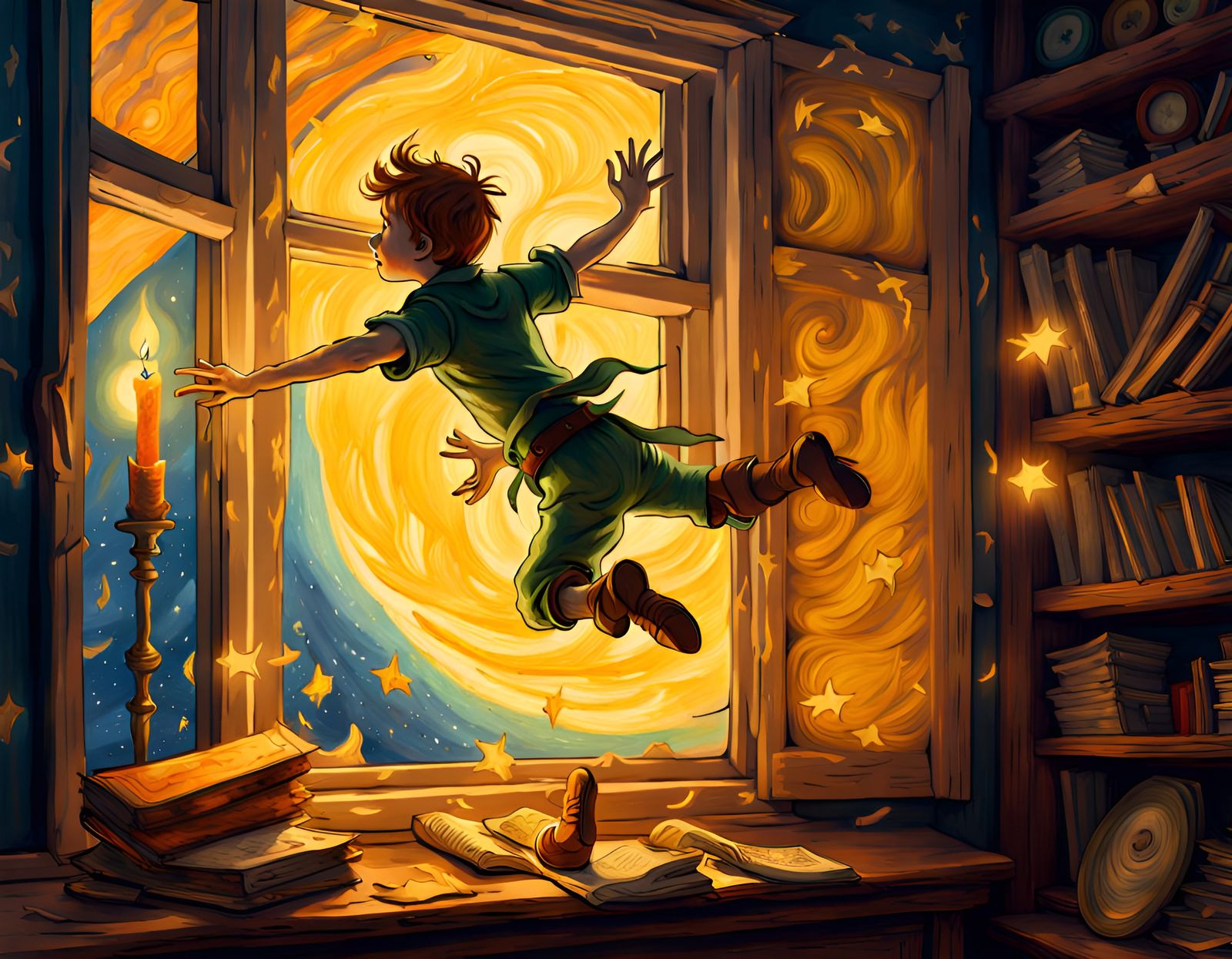 Peter Pan's Flight: A Van Gogh-Inspired Storybook Scene